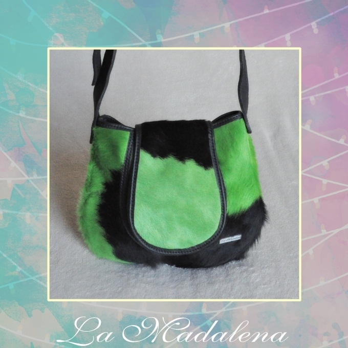 9416 Calf-hair leather shoulder bag, Black and Green, Black border, Unique item