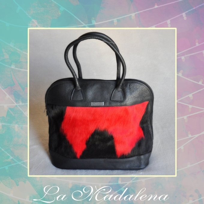 9430 Calf-hair leather totem handbag, black and red, black border,  Unique item