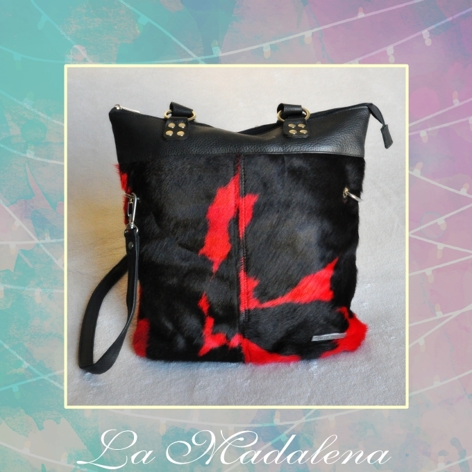 9423 Calf-hair leather handbag, holando, black and red, black border, Unique item